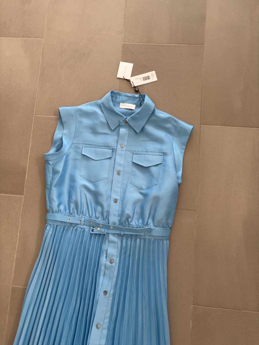 Elie Tahari Natalya blue pleated shirt dress with belt, length 49",NWT - Picture 5 of 16